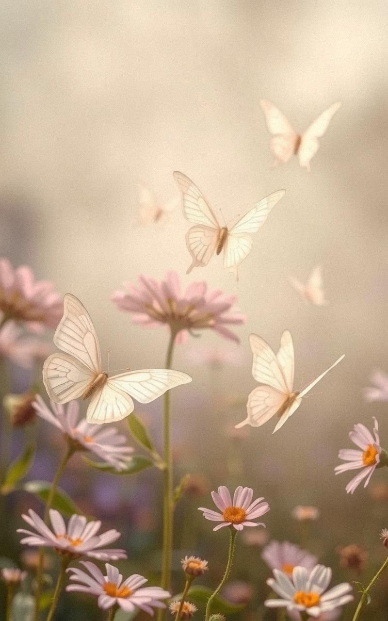 Soft Fairy-Like Butterflies in a Misty Flower Garden