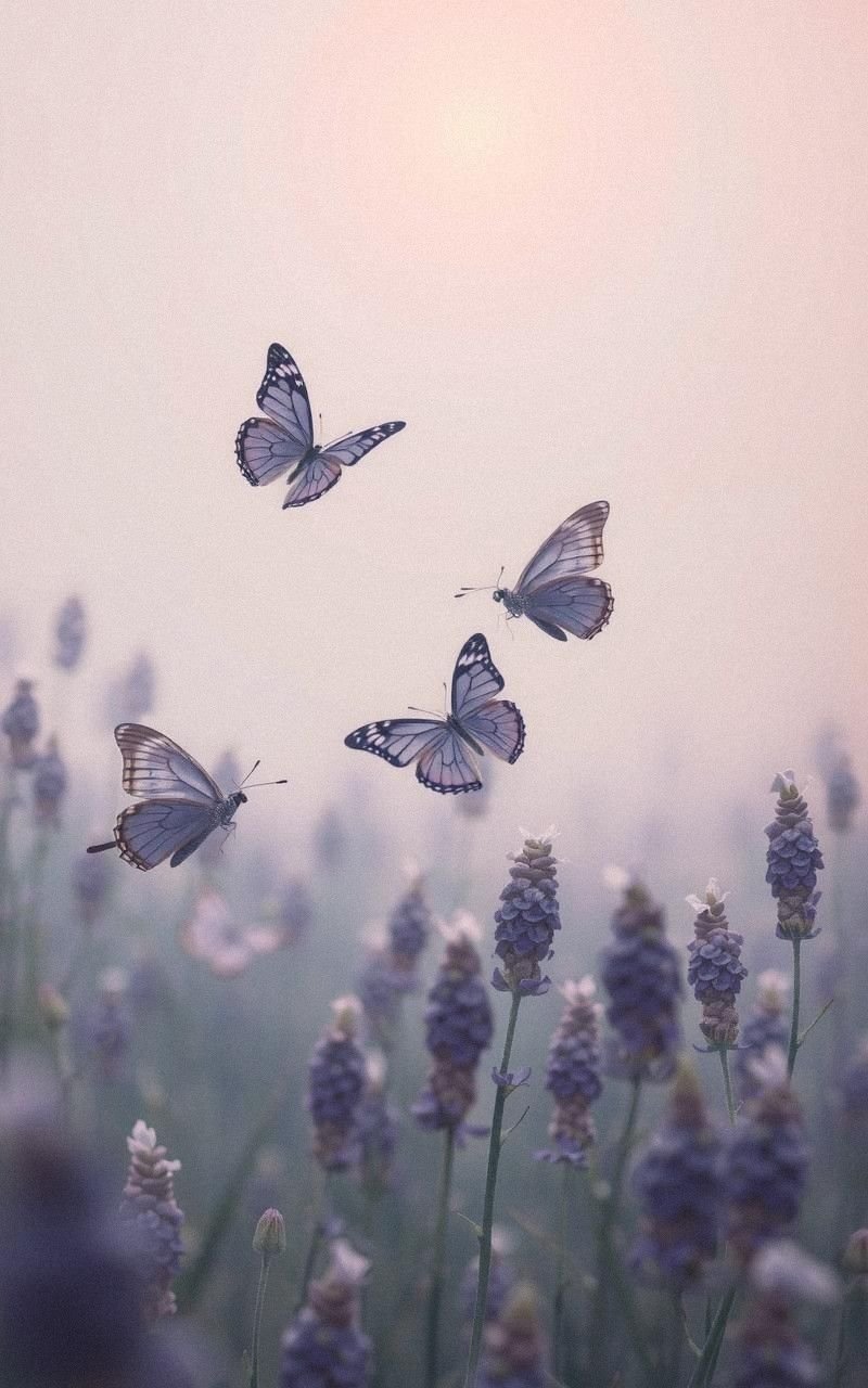 Soft Lavender Butterflies in a Misty Morning Garden