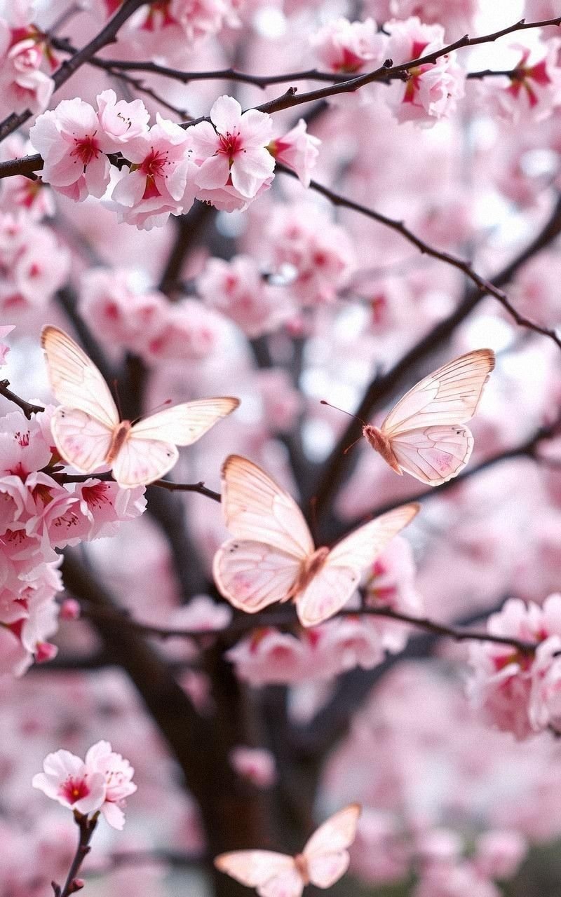 Soft Pink Butterflies Amid Cherry Blossom Gardens
