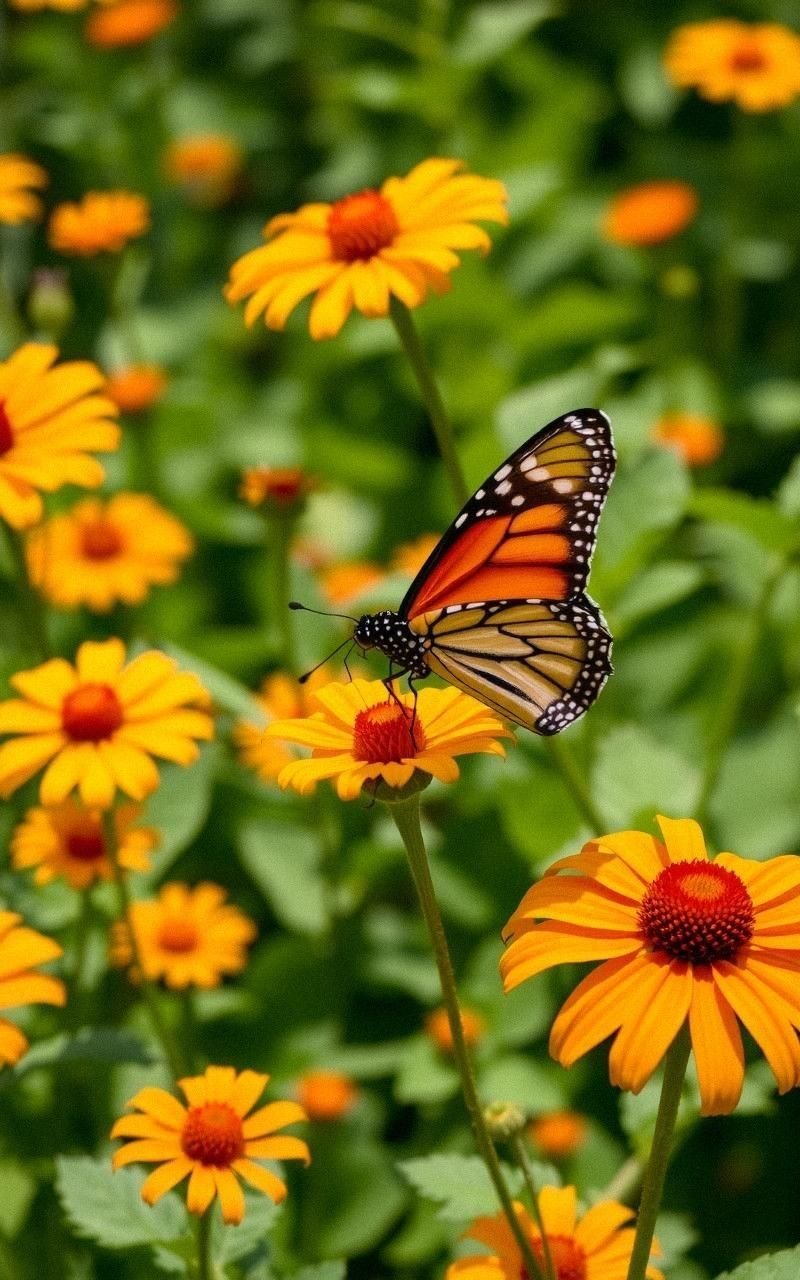 Vivid Monarch Butterflies in Sunlit Flower Fields