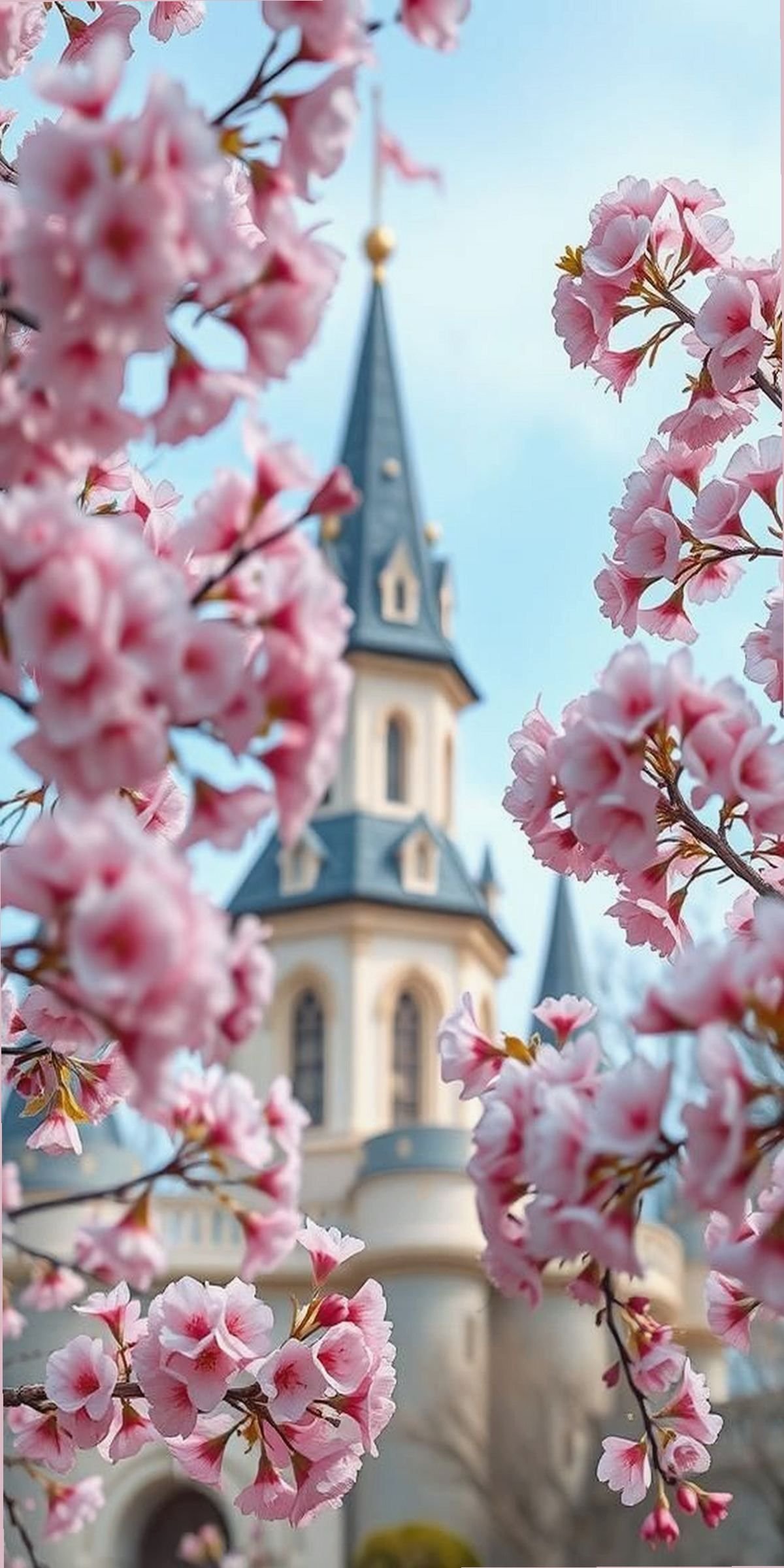 Castle Tower Peeked Through Blooming Cherry Blossoms