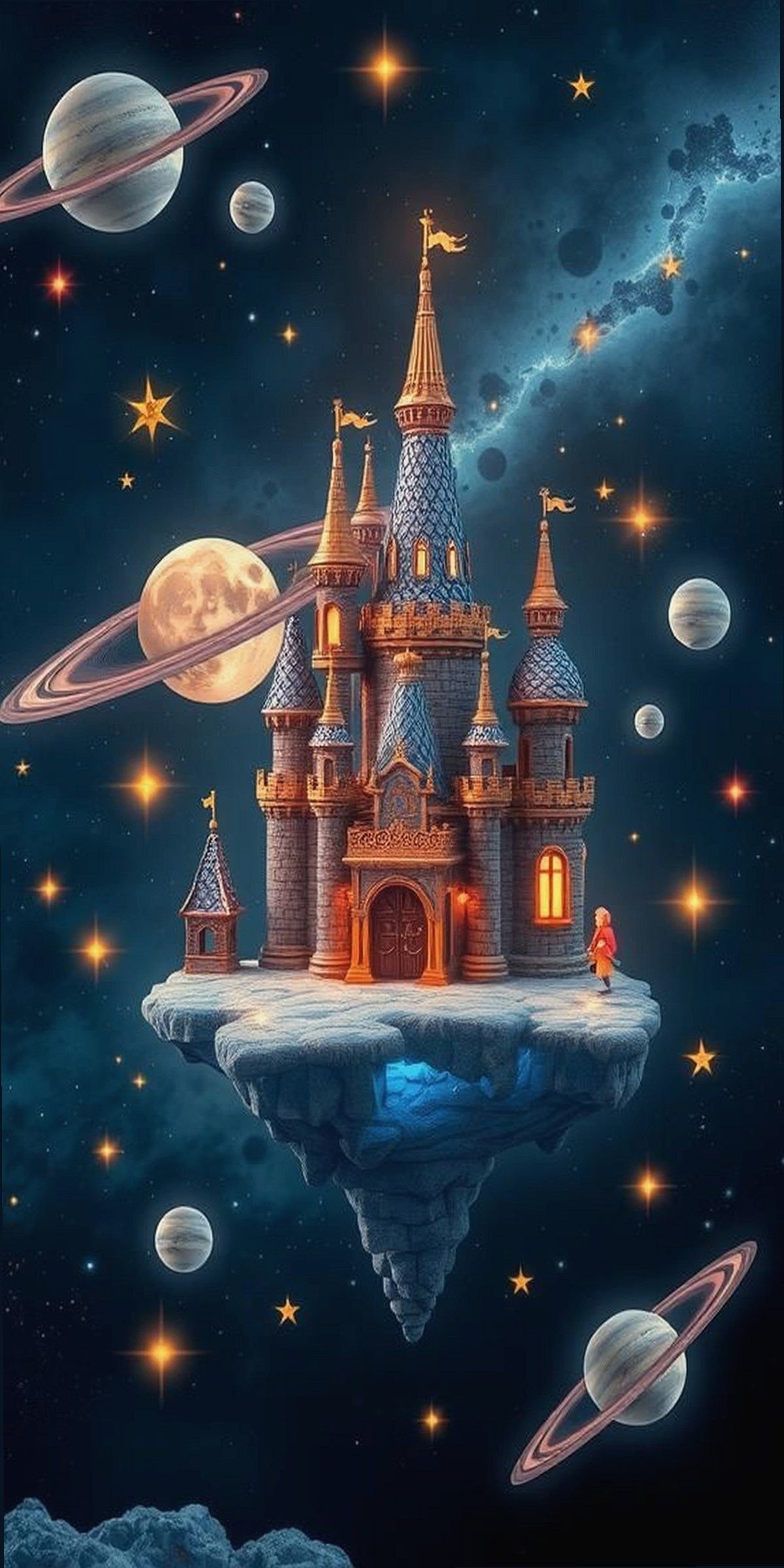 Celestial Castle Floating Among Stars and Planets