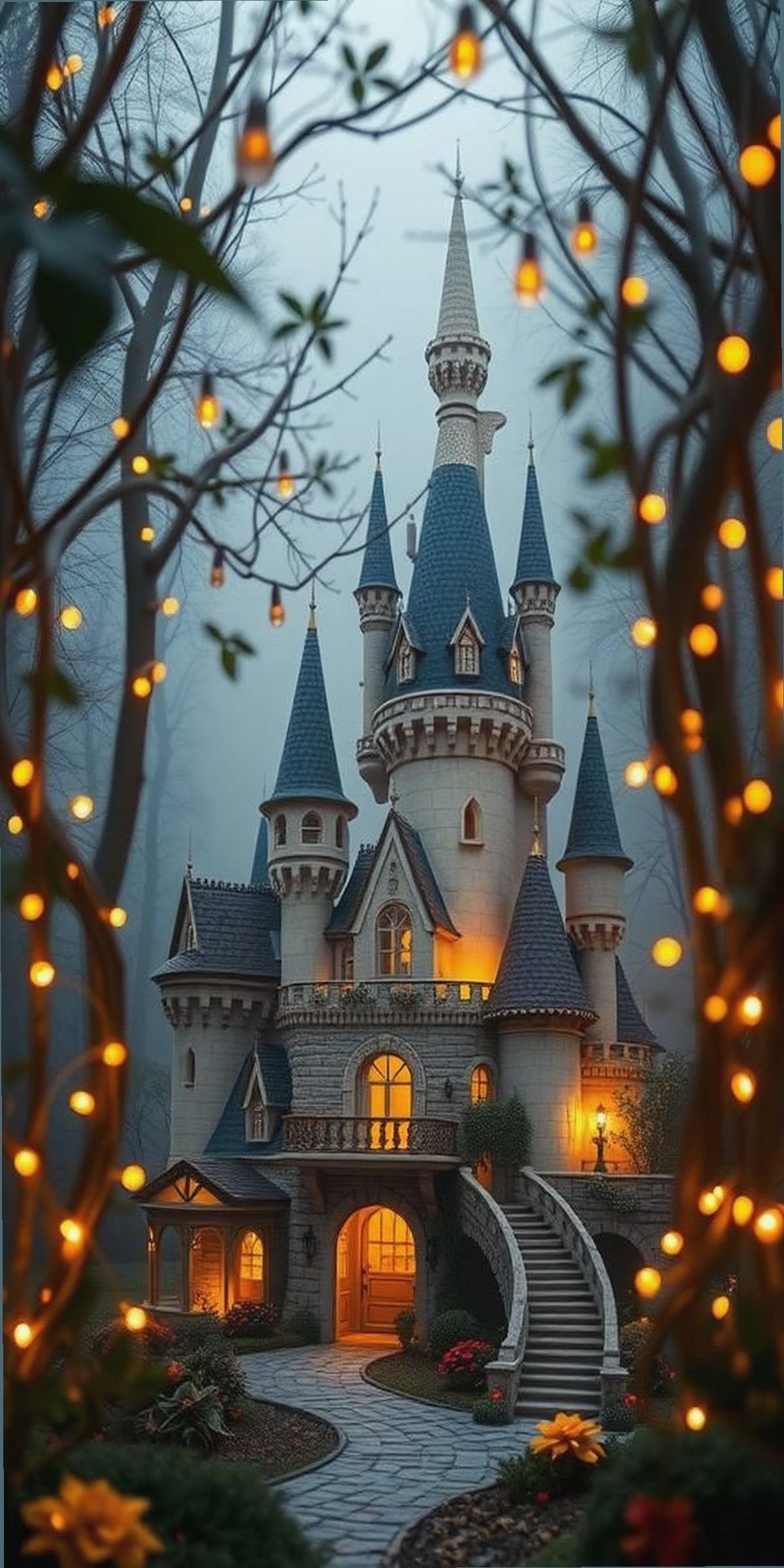 Enchanted Forest Castle With Glowing Lights