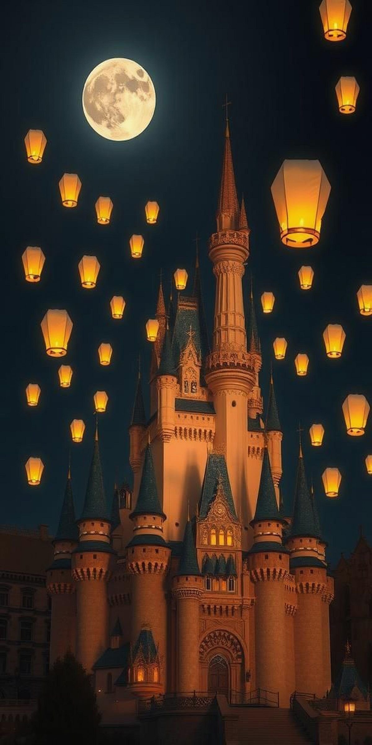 Moonlit Castle With Floating Lanterns