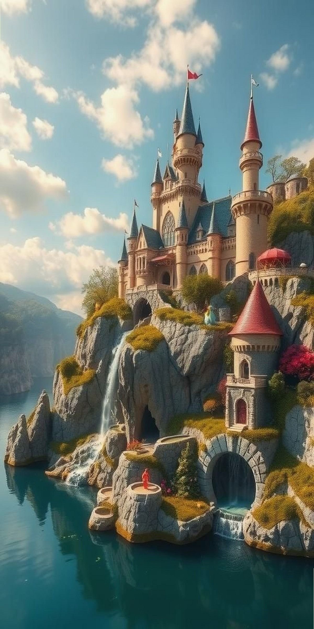 Mystical Castle With Rainbow Waterfalls