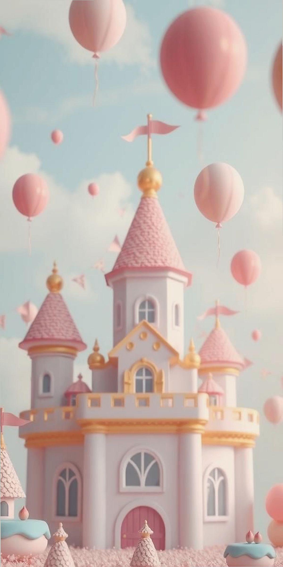 Pastel Pink Castle With Floating Balloons