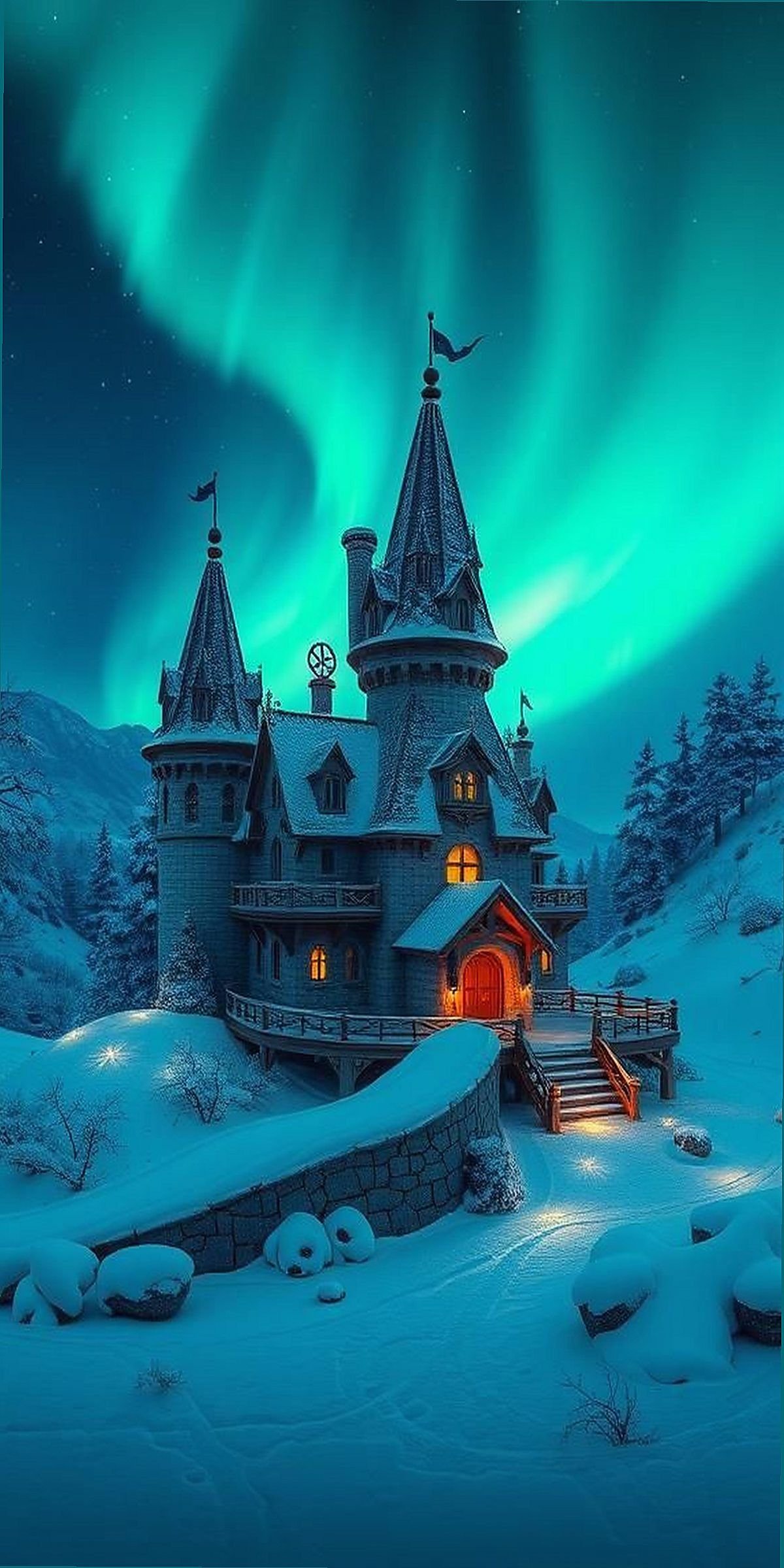 Snow-Covered Castle With Northern Lights Backdrop