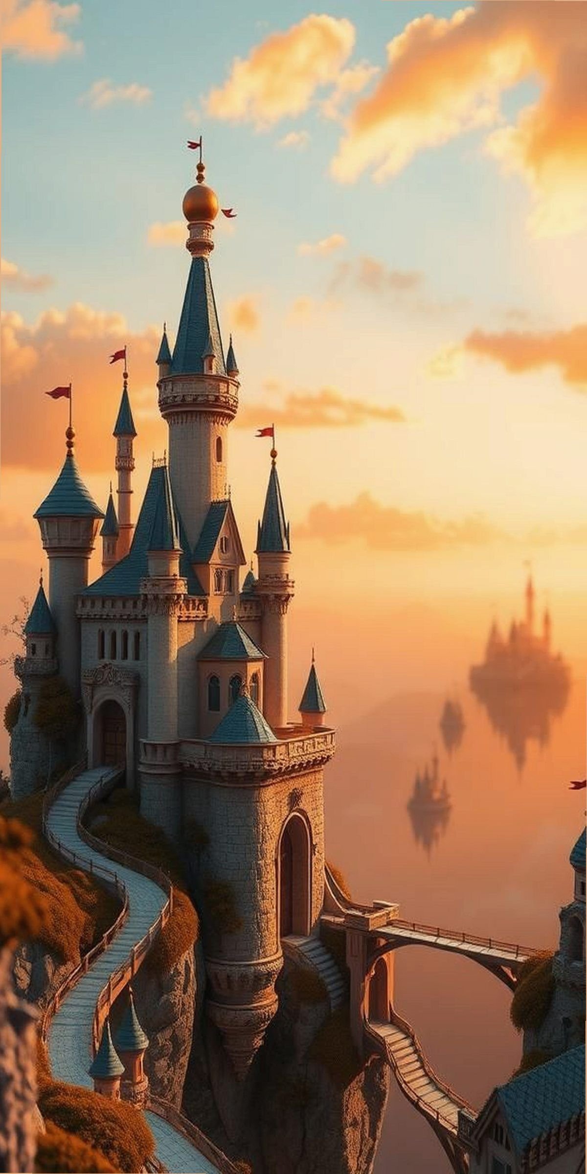 Sunset Castle With Floating Islands and Bridges