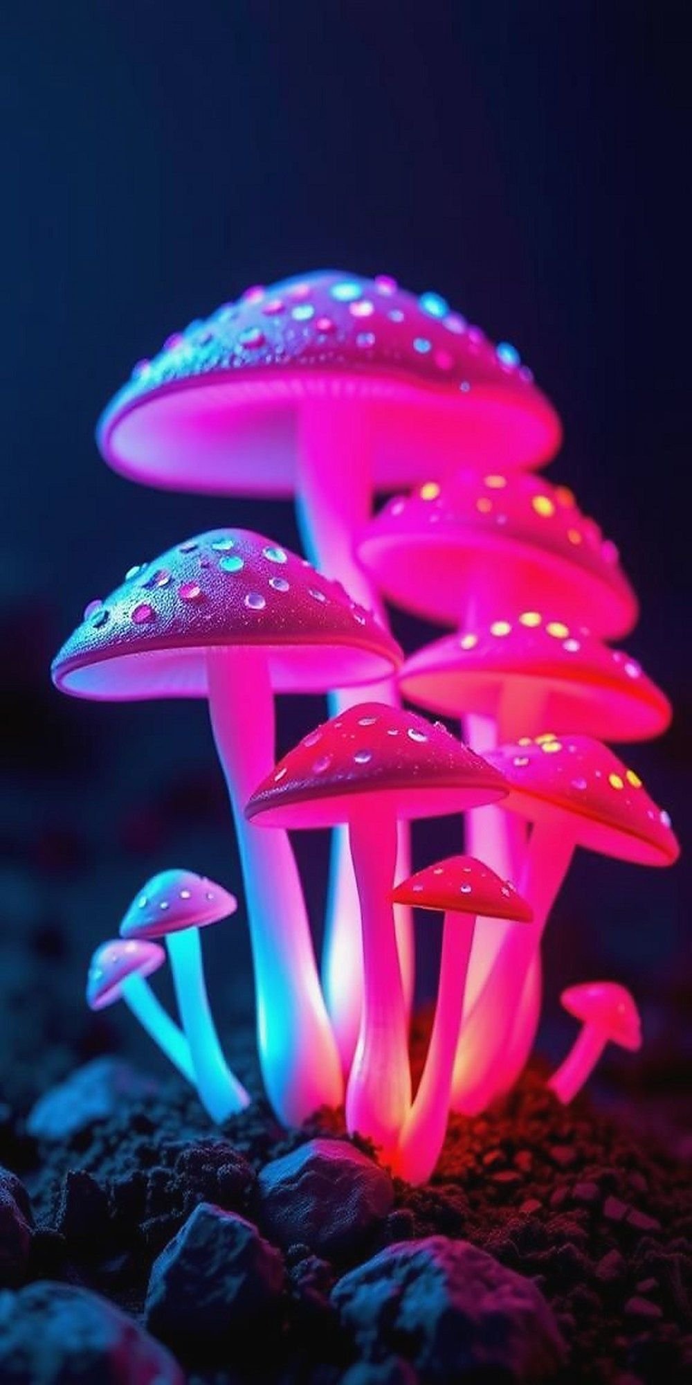 Glowing Neon Mushrooms In Dark Fantasy Landscape