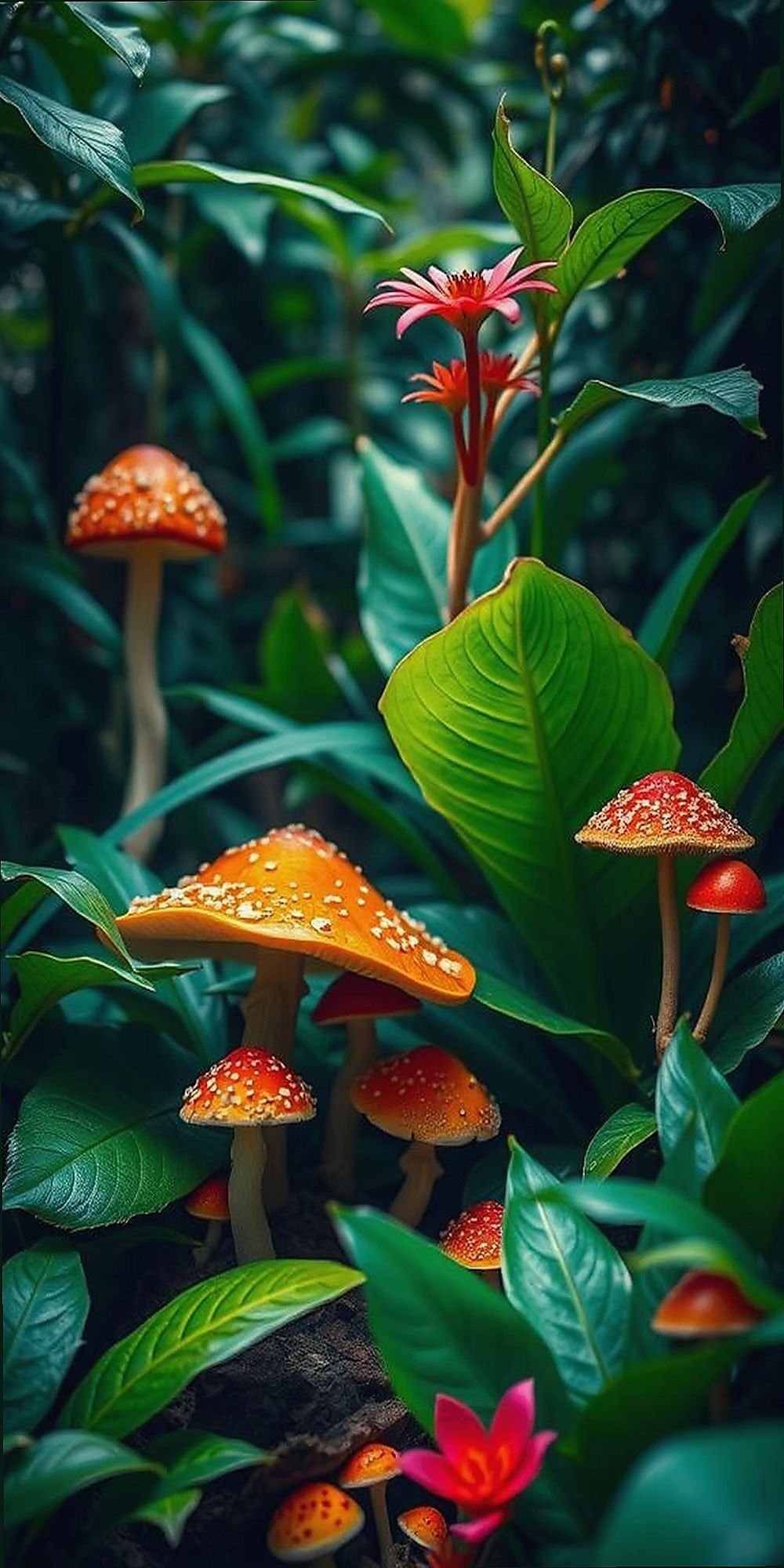 Lush Jungle Mushrooms With Exotic Foliage
