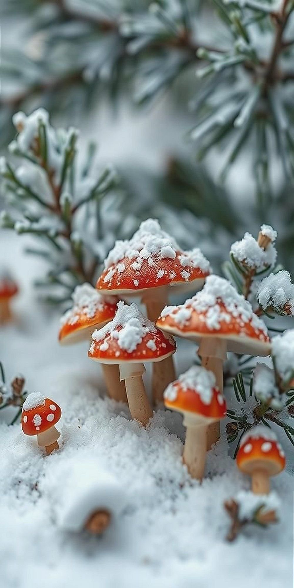 Snow-Covered Mushrooms In Winter Fantasy Scene