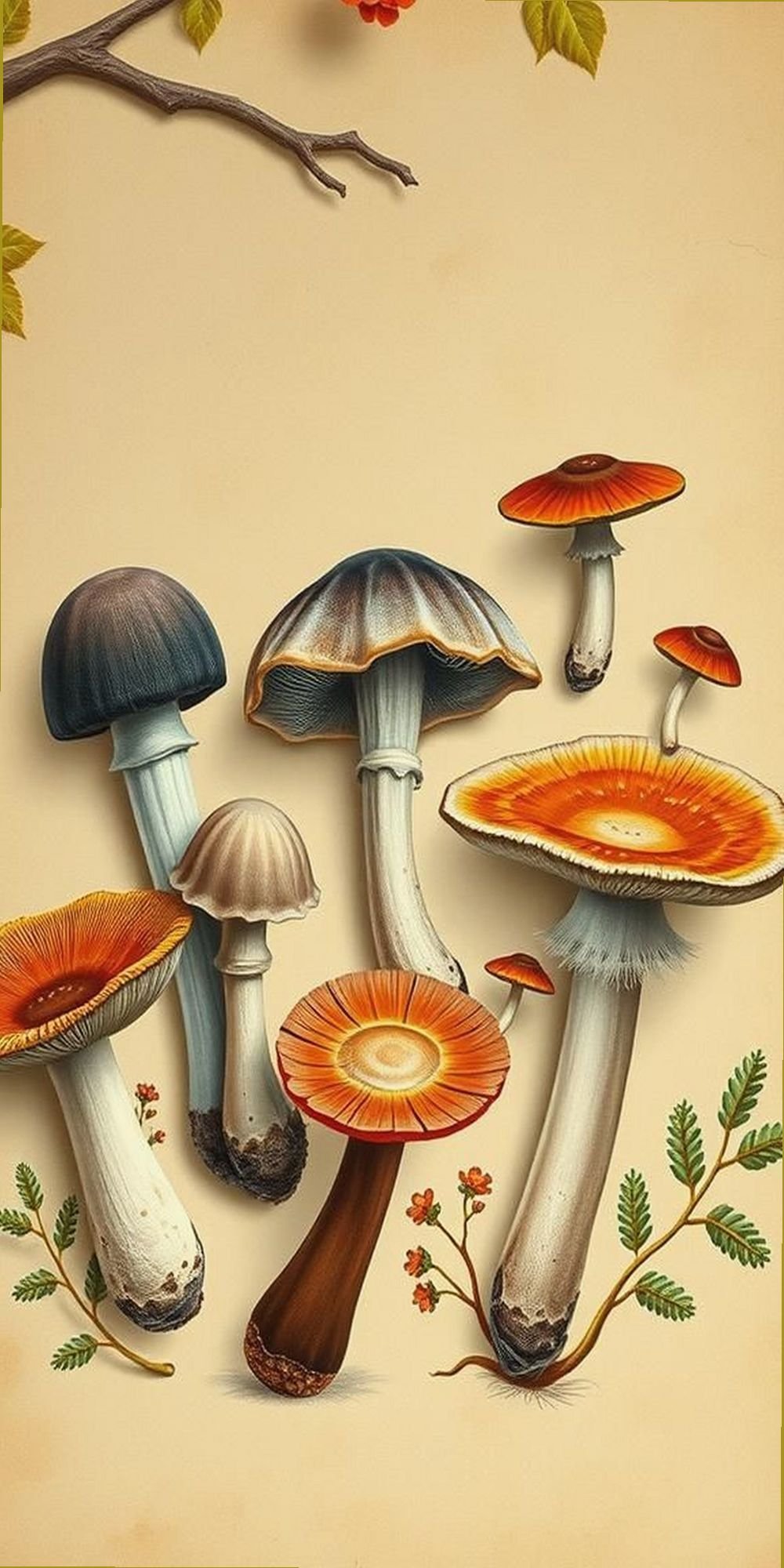 Vintage Botanical Mushroom Illustration Wallpaper