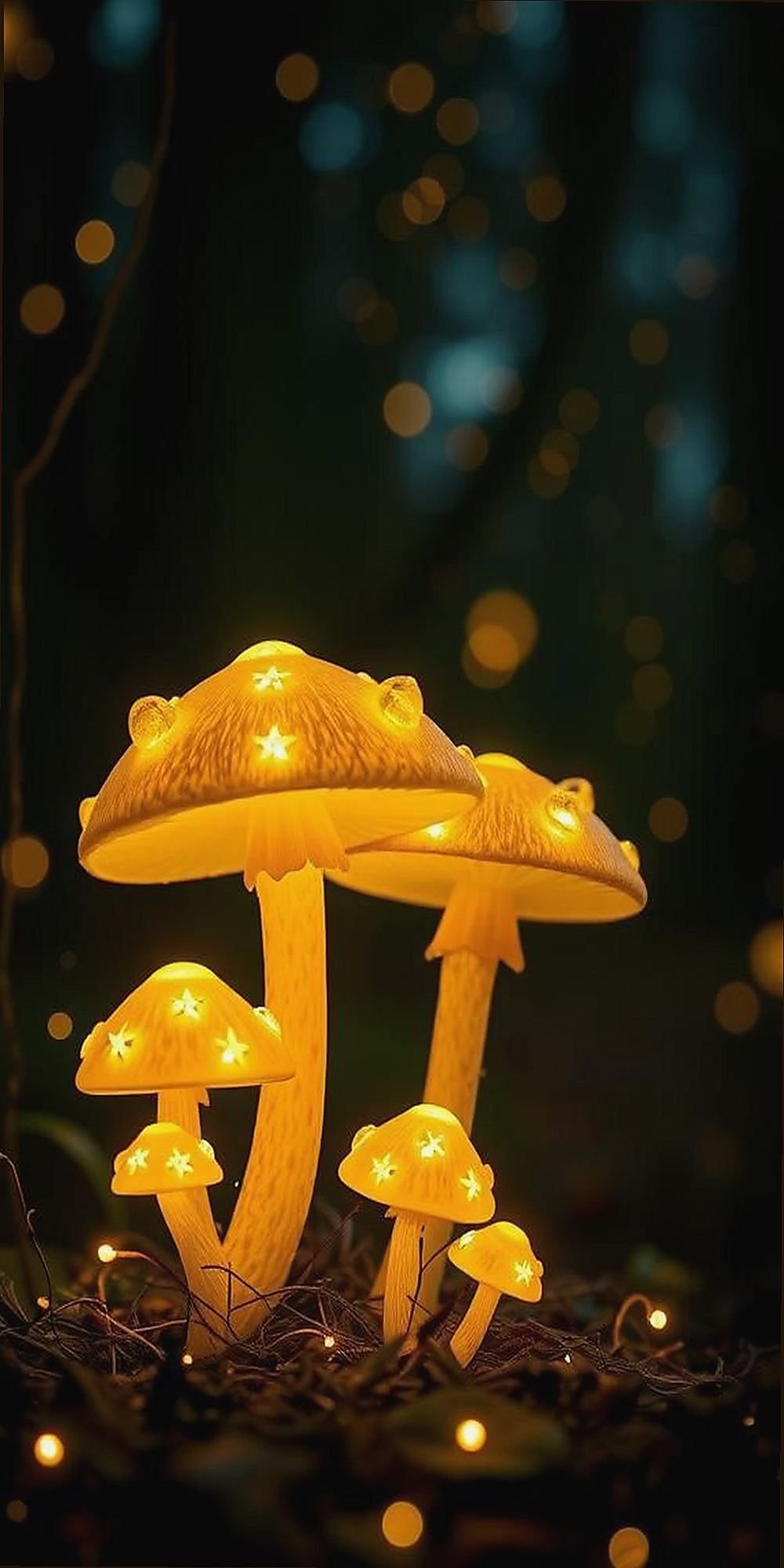 Whimsical Mushrooms Among Twinkling Fireflies