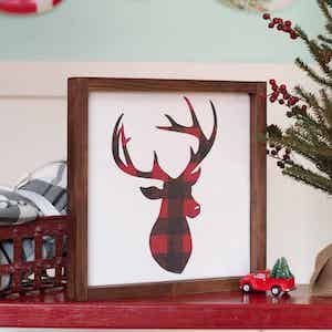 Farmhouse Style Christmas Sign with red and black buffalo plaid reindeer