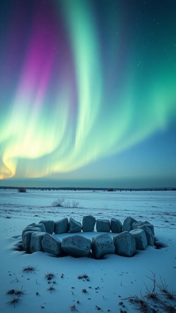 Ancient Stone Circle Under Northern Lights Crown