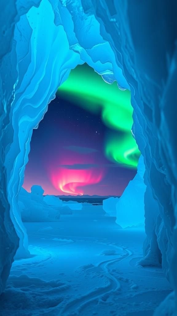 Blue Ice Cave Mouth Lit By Sky Fire