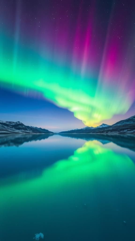 Emerald Curtains Over Mirror-Glass Arctic Lake