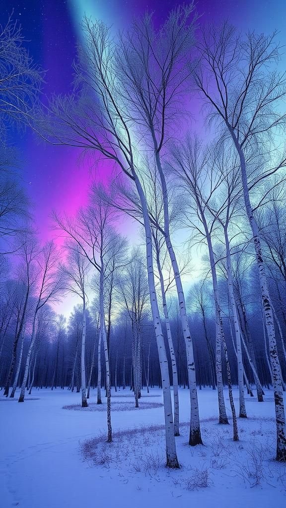 Frosted Birch Grove With Purple-Green Night Sheen