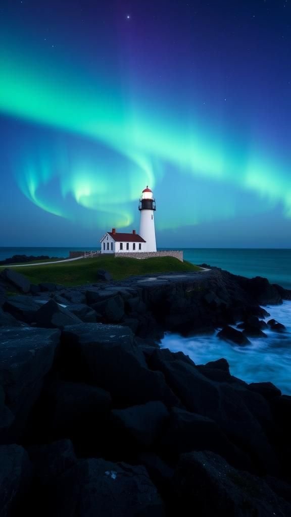 Lonely Lighthouse Facing A Solar Storm Glow