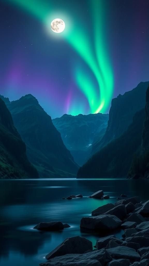 Moonlit Fjord Wrapped In Ribboning Northern Lights