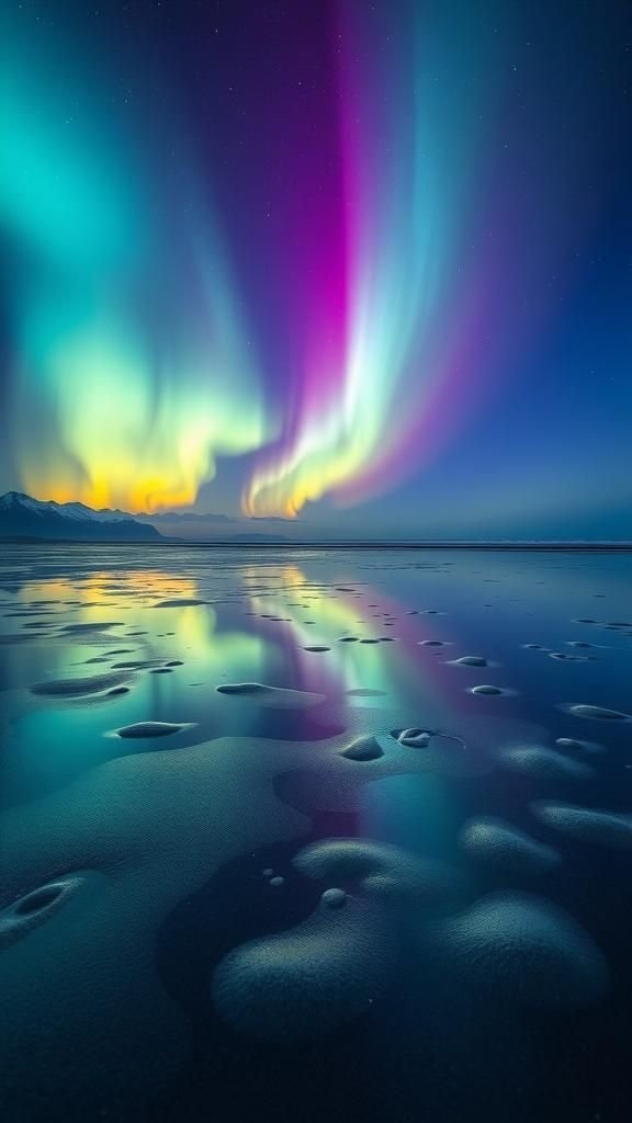 Reflective Tidal Flats With Neon Night Sky