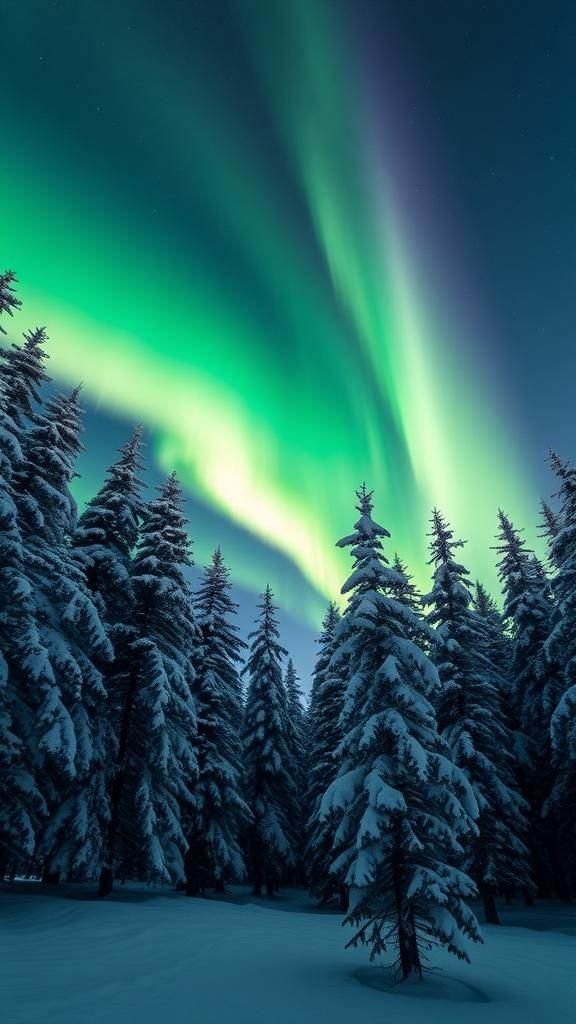 Snowy Pines Under A Cascading Aurora Veil