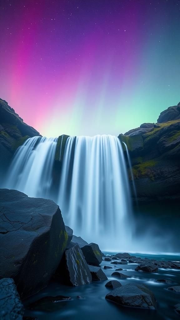 Waterfall Mist Catching Green And Purple Shine