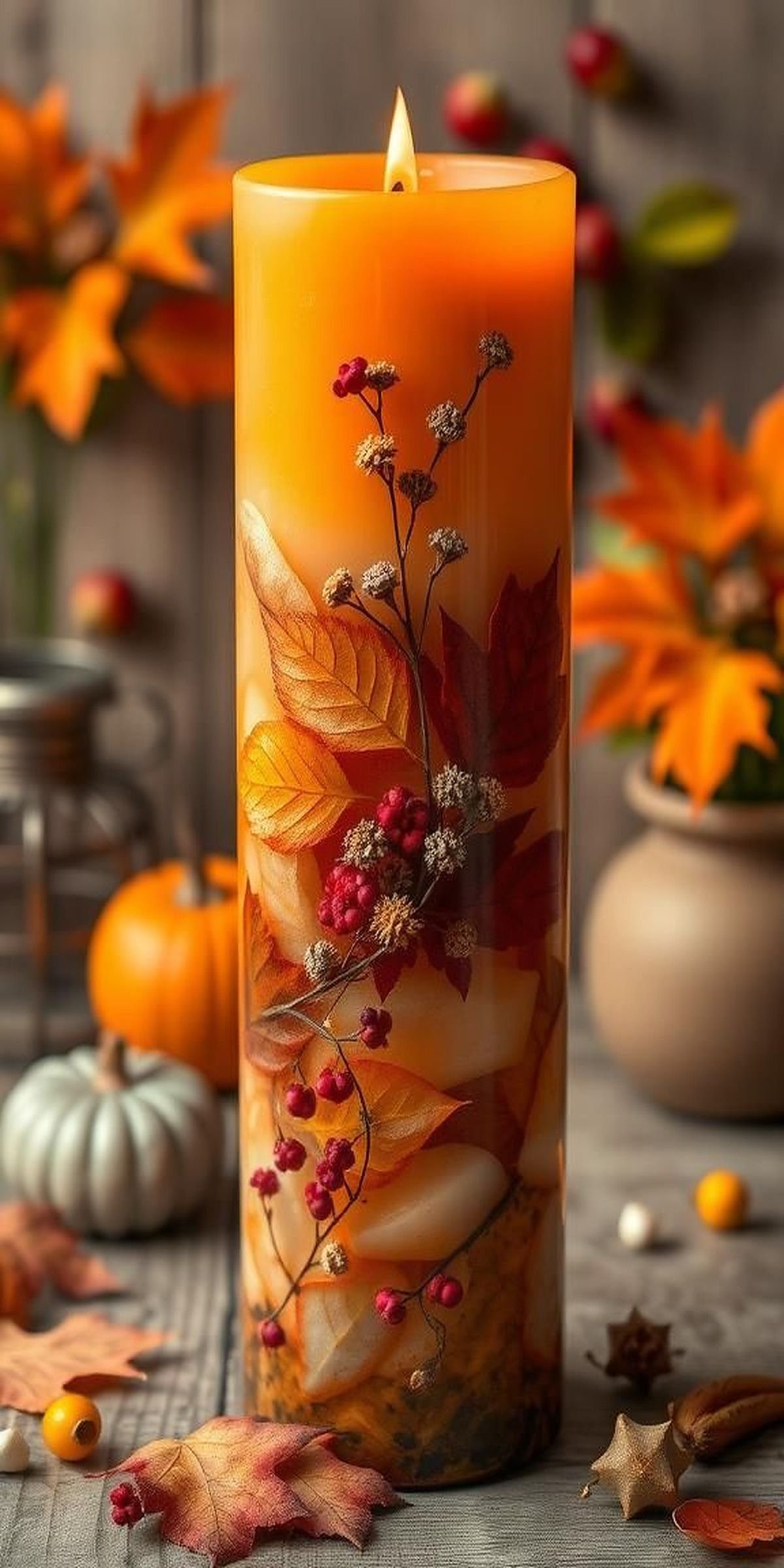 Layered Autumn Color Candles With Embedded Botanicals