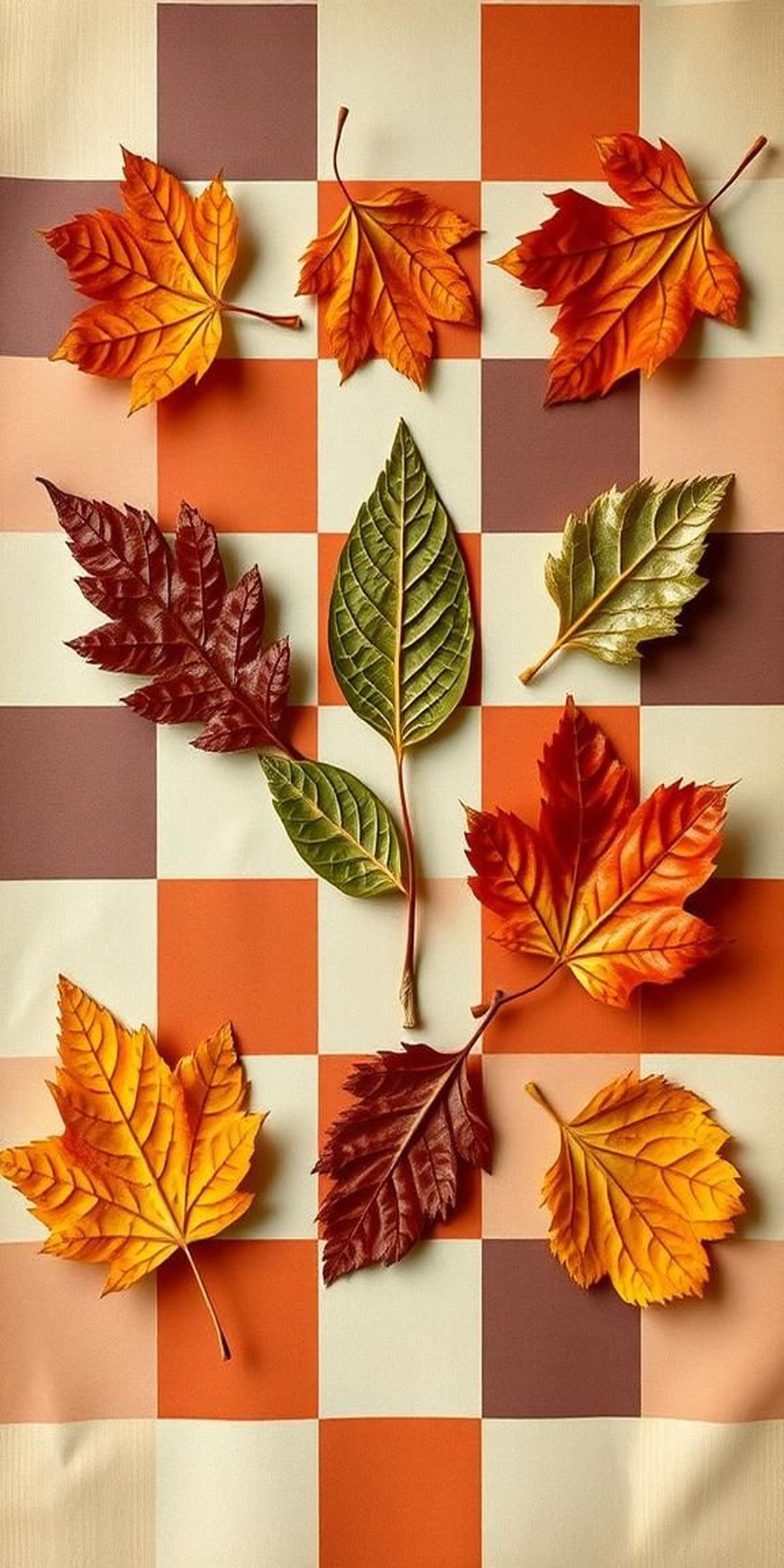 Autumn Checkerboard With Leaves And Copper Hues