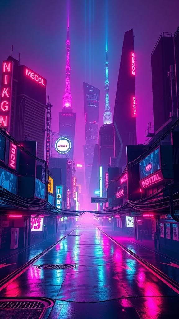 Cyberpunk Streets Under Holograms And Towering Billboards