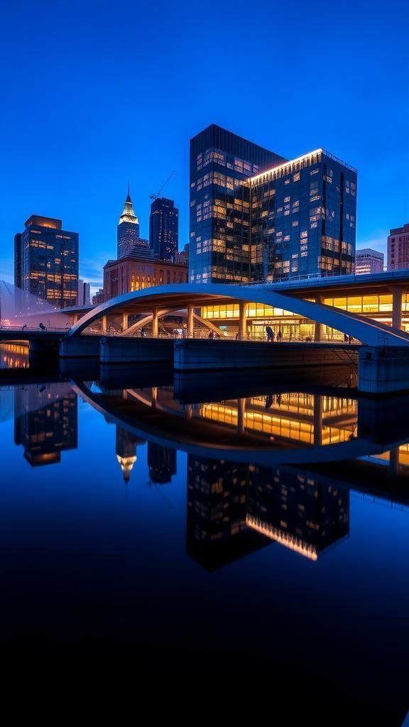 Deep Blue Hour Over Shimmering Urban Waterfront