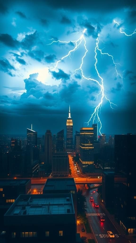 Forked Lightning Splits Clouds Above The City