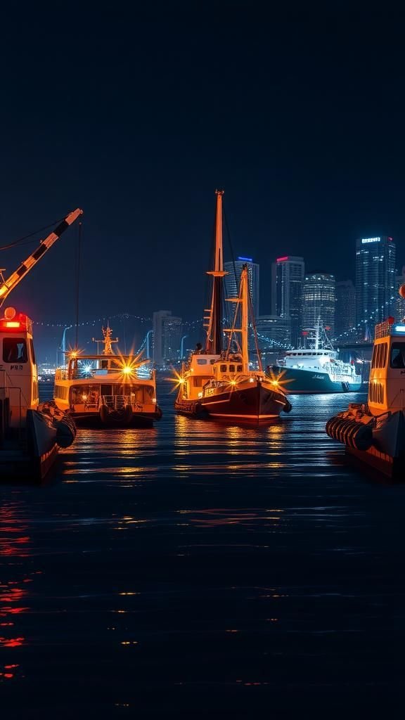 Harbor Cranes And Ferries Against A Lit Downtown