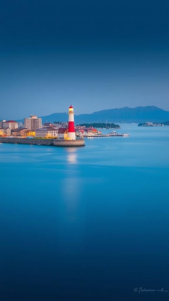 Lighthouse Beam Guiding A Coastal Urban Skyline