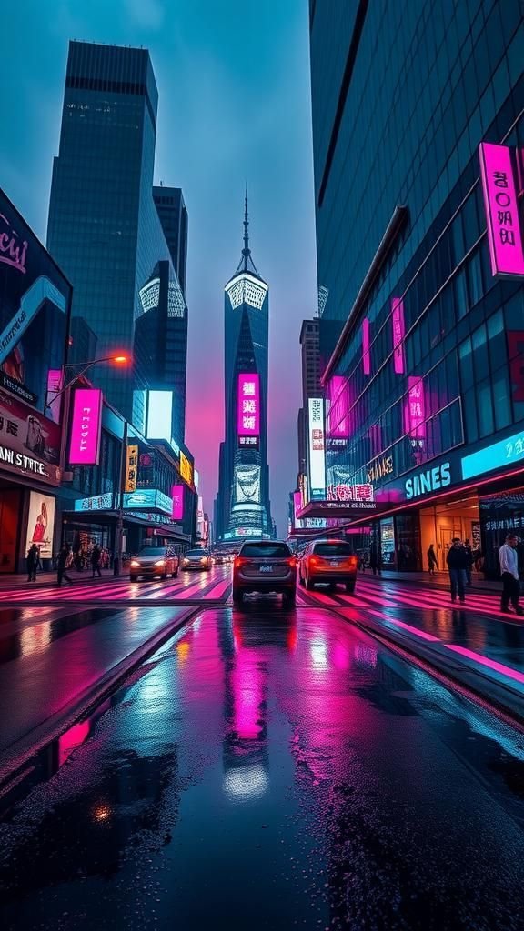 Neon Reflections Over A Rain-Soaked Downtown