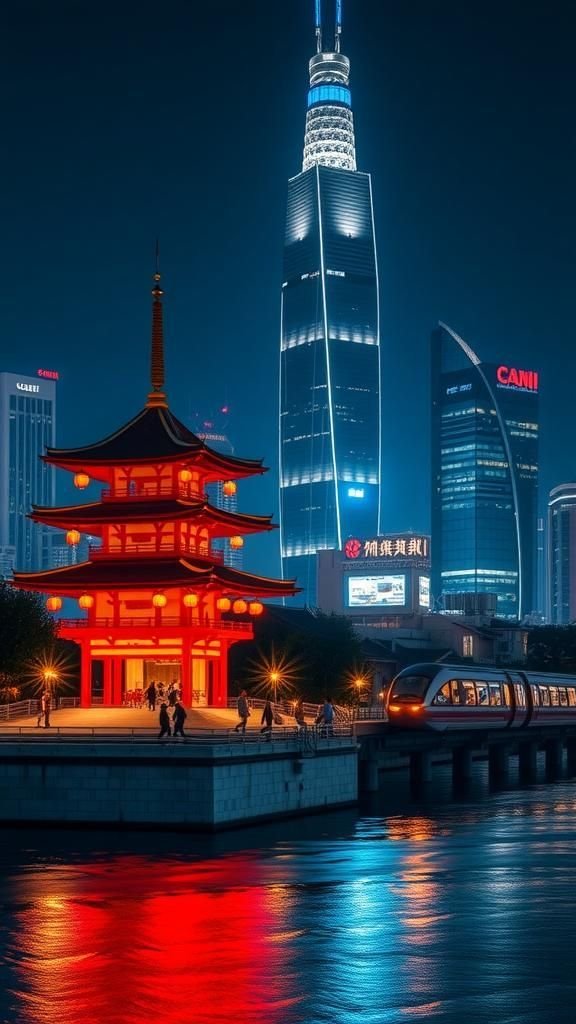 Pagoda Lanterns Beside Glass Towers And Monorails