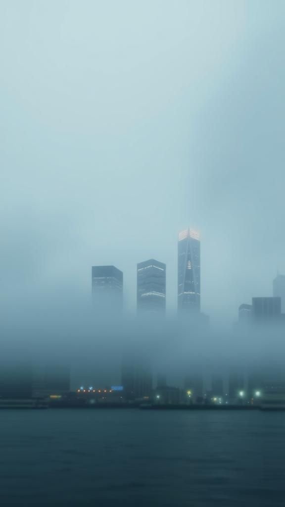 Skyscrapers Disappearing Into Silver Midnight Fog