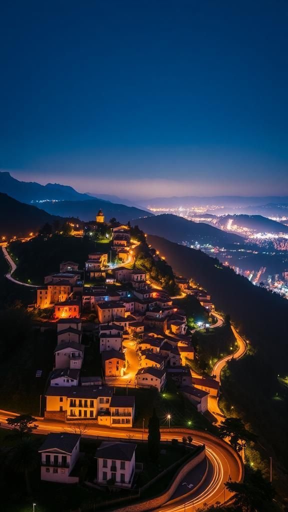 Terraced Hillside City Lights Climbing Toward Stars