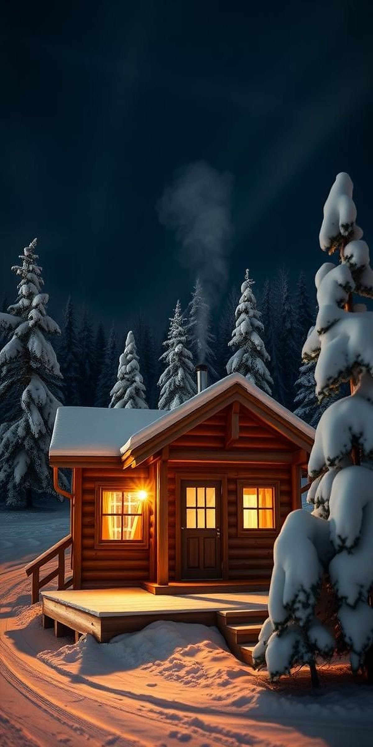 Charming Cabin With Smoke Amid Snowy Hills