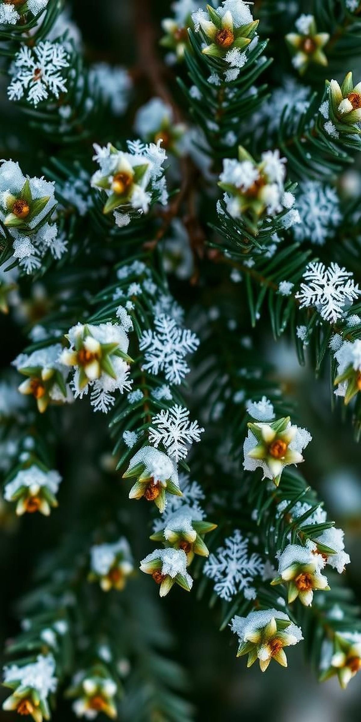 Delicate Snowflakes Settling On Evergreen Branches