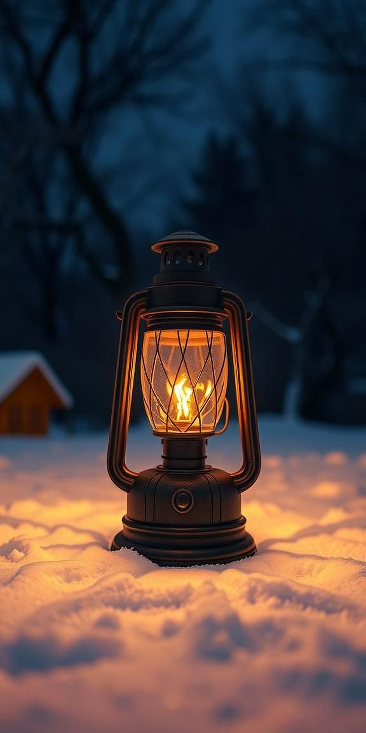 Rustic Lantern Casting Warm Glow On Snow