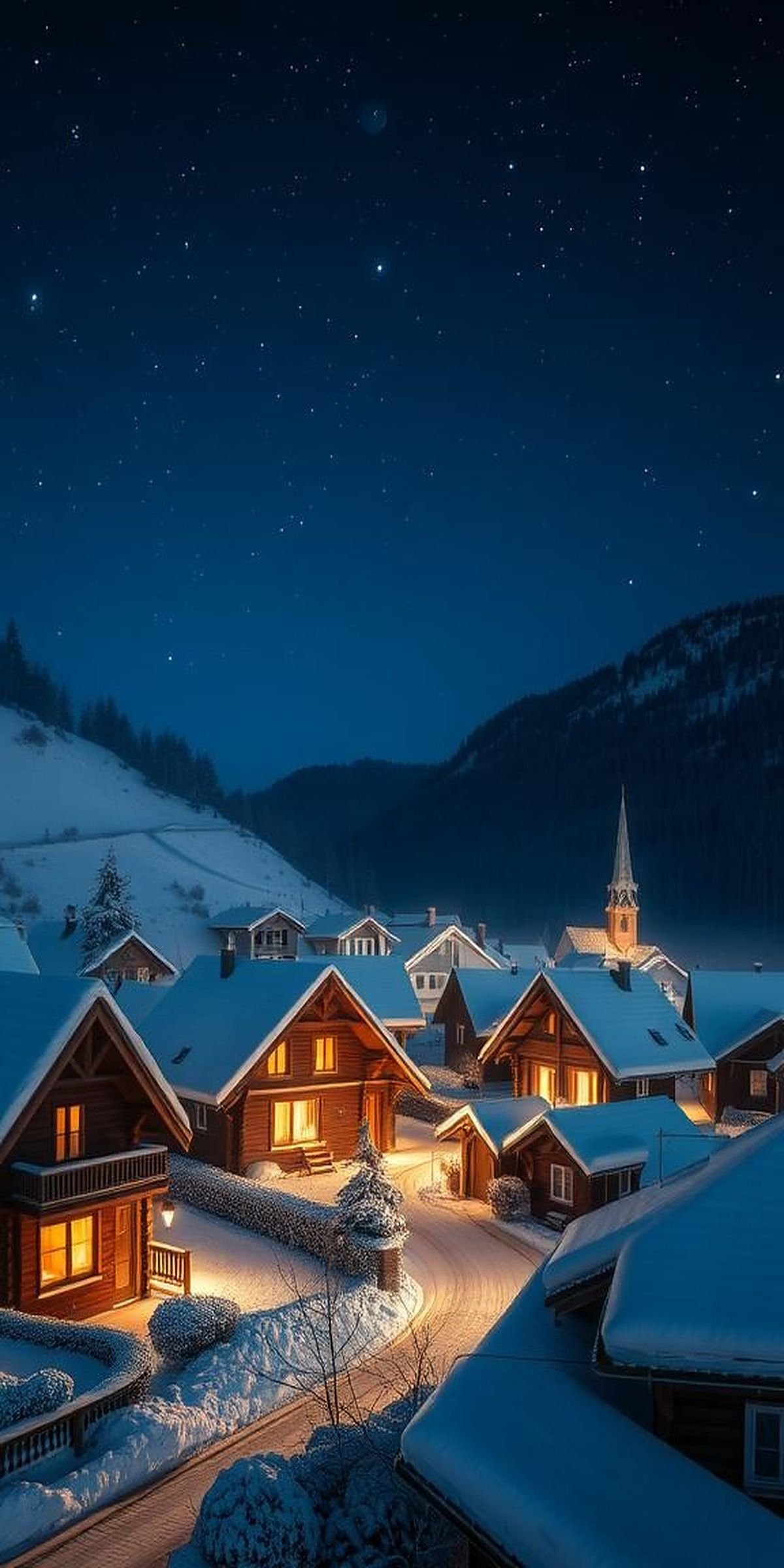 Starry Night Over Snow-Covered Village