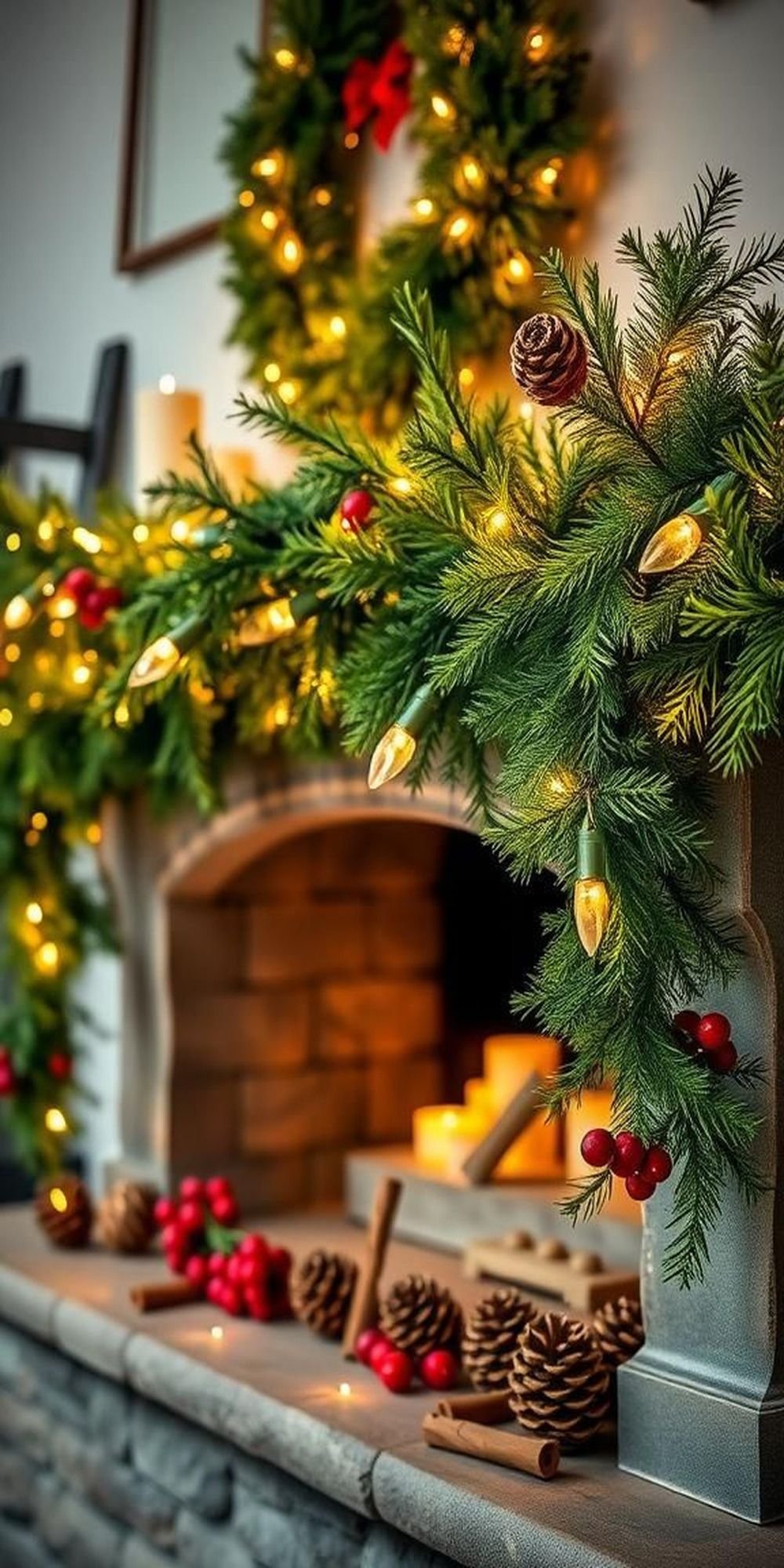 Rustic Pine Cones and Evergreen Garland Display