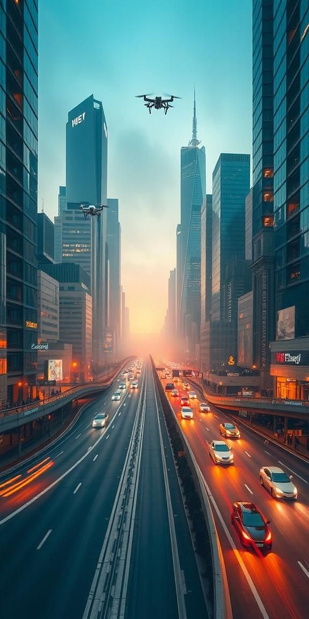 Aerial Freeways And Drones Above Chrome Towers