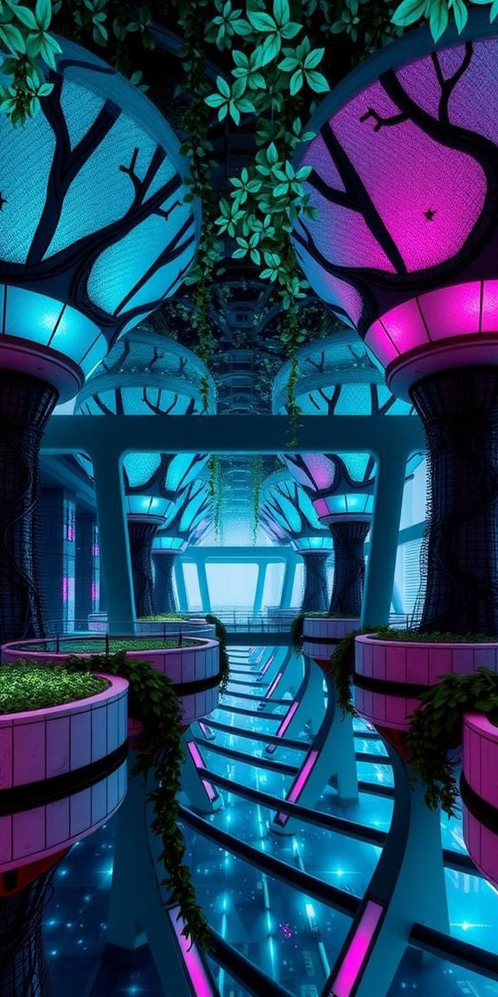 Bioluminescent Canopy Woven Into Concrete Megaflora