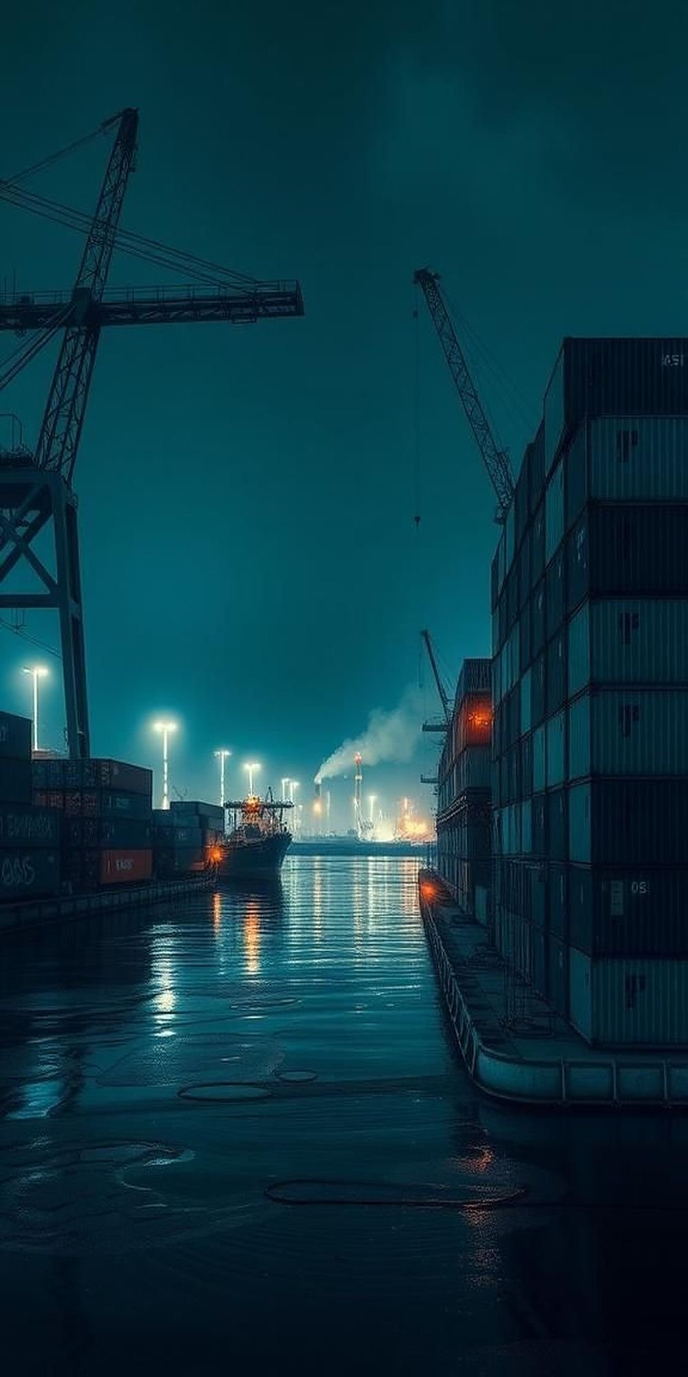 Industrial Harbor Bathed In Neon Fog And Steel
