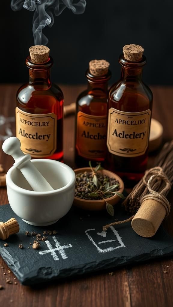 Apothecary Bottles, Alchemy Glyphs, And Mortar