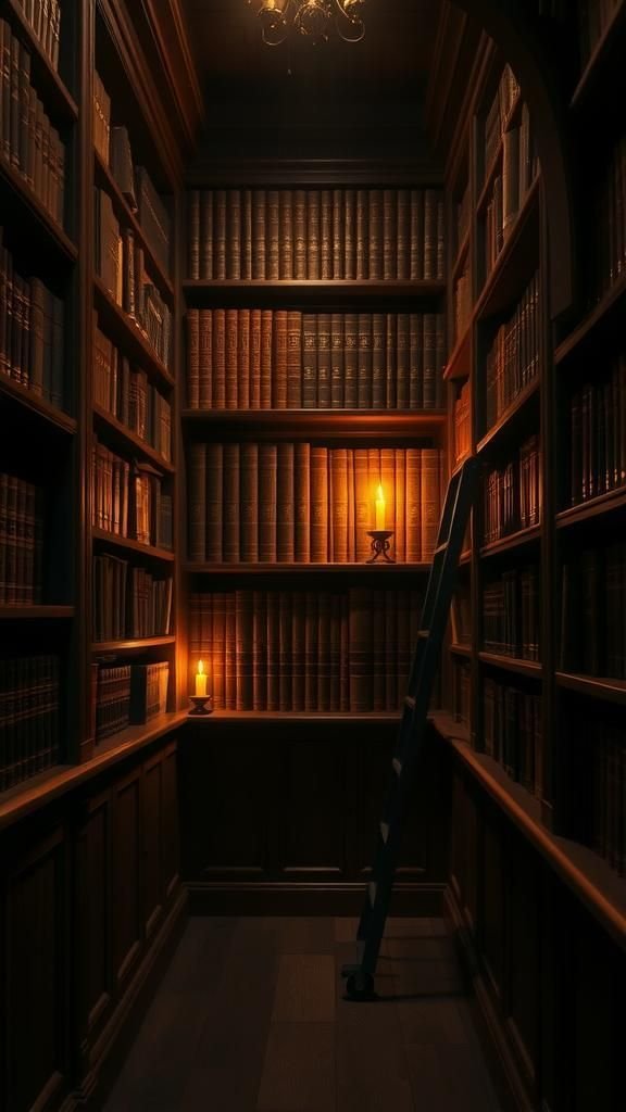 Candlelit Library Alcove With Dusty Tomes