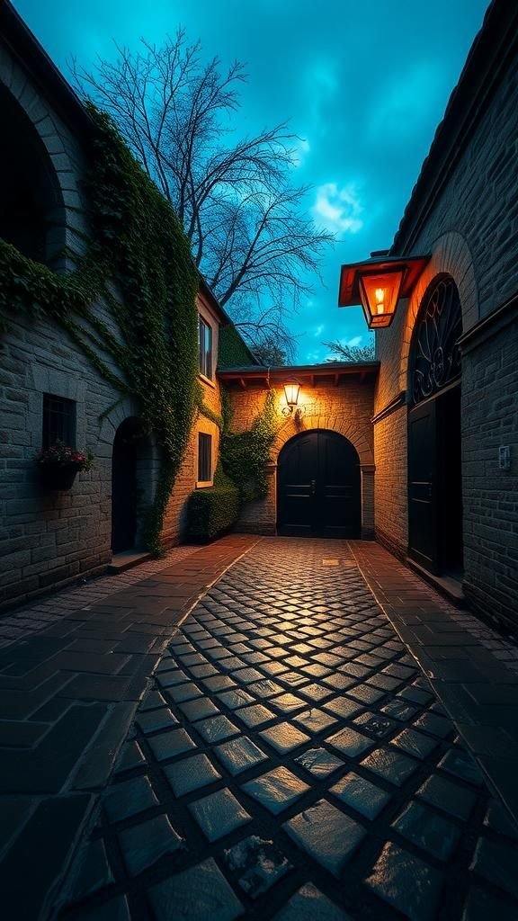 Cobblestone Courtyard At Dusk With Lanterns