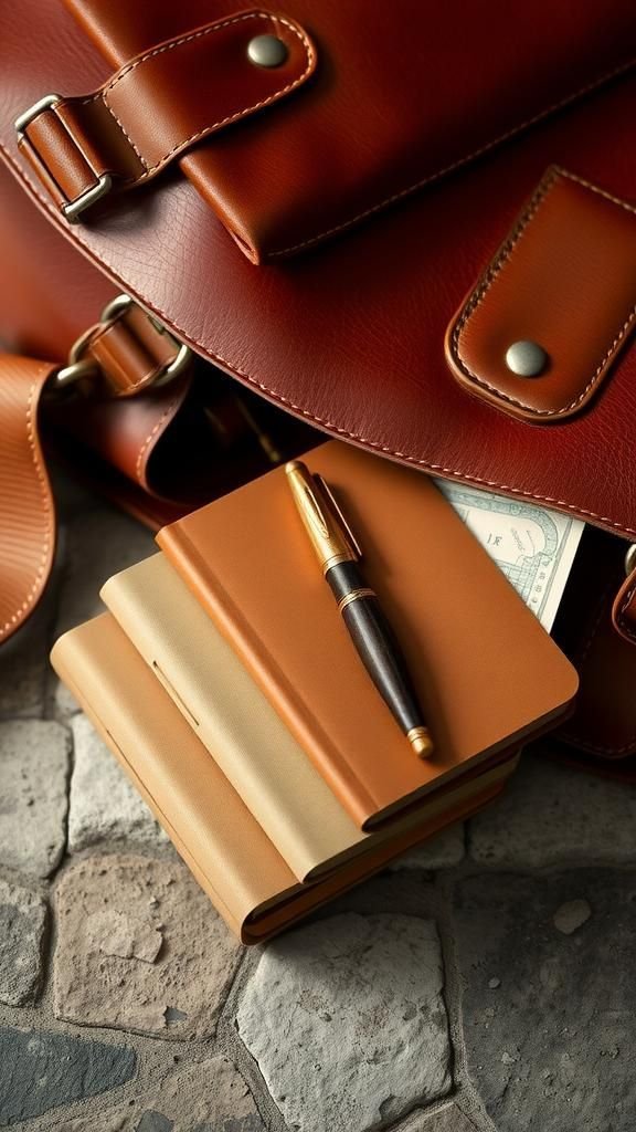 Leather Satchel, Notebooks, And Fountain Pen